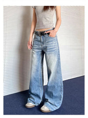Cyflymder Women's Y2k 90s Vintage Crease Blue Wide Leg Jeans Street Cool Girl High Waist Pants Female Casual Straight Denim Trousers