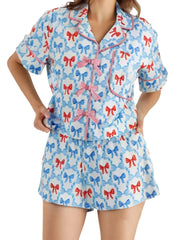 Cyflymder Women s 2 Piece Pajama Set Adorable Short Sleeve Top with Bow Detail Comfortable Elastic Waist Shorts Lounge Wear Set for
