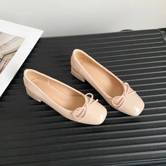 Cyflymder New Spring/Summer Fashion Bow Thick-heeled French Marie Jean Square Toe Shallow Leather Casual Single Shoe for Women,34-40