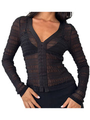 Cyflymder Women’s Ruched Mesh Tops Long Sleeve Solid Color Fit T-Shirts Hook and Eye Front Blouses