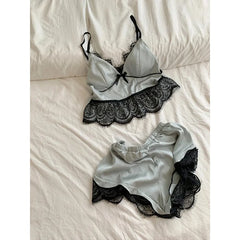 Cyflymder French Summer Temperamen Lazy Have Chest Pad Two Piece Sets Y2k Aesthetic Spliced Lace Thin Soft Shot Tank Top Ice Silk Shorts