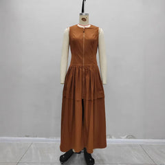 Cyflymder Fashion Brown New Sleeveless Crew Neck Front Zipper High Waist Cascade Dress