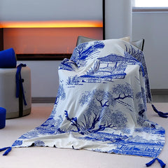 Cyflymder Ethnic Style Pure Cotton Blue Sofa Blanket Napping Knitted Blanket for Living Room Bedroom Adult Kids Sofa Cover for All Seasons