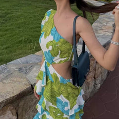 Cyflymder Elegant Hight Waist Slim A-Line Dress Sexy Slanted Shoulder Short Sleeve Bohe Dress Women Fashion Floral Print Hollow Mini Dress