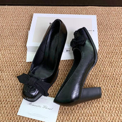 Cyflymder Vintage Square Toe High Heels for Women,Designer Bowknot Block Heel Slip-On Pumps,New Elegant Versatile Leather Shoes for Party