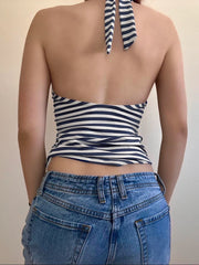 Cyflymder Casual Striped Bandage Halter Tops Slim Backless Slash Neck Sleeveless Tank Tops Women Summer Fashion Streetwear