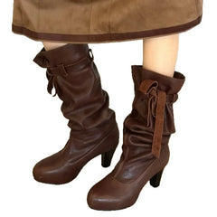 Cyflymder Stylish Mid-Calf Boots for Women New Fall Cow Split Leather Upper Sheepskin Lining Medium Heel Casual Daily Fashion