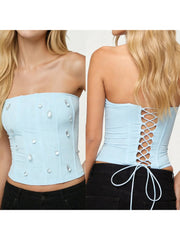 Cyflymder Elegant Off-Shoulder Blouse with Sparkling Rhinestone Embellishments and Figure-Flattering Fit Design for Stylish Summer