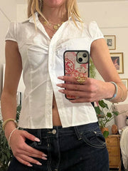 Cyflymder Women s Casual Fit Solid Color Button Down Shirt with Lapel V Neck and Short Sleeves - Perfect for Summer Fashion