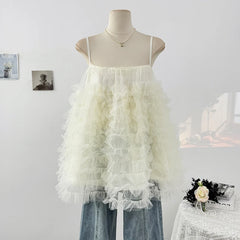 Cyflymder Y2k Tops Women Layered Ruffle Mesh Fluffy Party Fashion Camisole Vest 2025 Summer Solid Sleeveless All Match Tank Top
