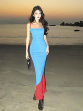 Cyflymder Korean Women Blue Red Patchwork Sleeveless Backless Slip Dresses Summer Elegant Sexy Club Slim Wrap Hip Long Dress Popular Trend