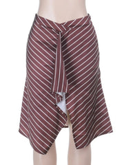 Cyflymder French Retro Style Striped Print Short Skirt for Women 2026 New Fashion Spring Summer Front Split Asymmetrical Mini Skirt