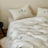 Cyflymder Linen Cotton Jacquard Flowers Embroidery Bedding Set Queen King Size Duvet Cover Set Flat/Fitted Bed Sheet Pillowcases 4Pcs