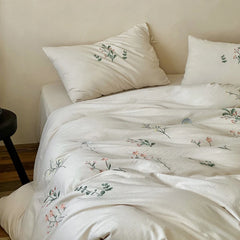 Cyflymder Linen Cotton Jacquard Flowers Embroidery Bedding Set Queen King Size Duvet Cover Set Flat/Fitted Bed Sheet Pillowcases 4Pcs