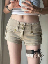 Cyflymder Summer Button-up Cargo Shorts Pockets Patchwork Low Rise Vintage 2000s Denim Shorts for Women Streetwear Basic Clothing