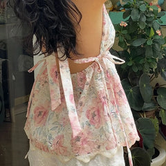 Cyflymder Women Floral Halter Tank Tops Fairycore Deep V Neck Backless Ruffle Camisole Y2K Bodycon Going Out Vest Sweet Girl Streetwear