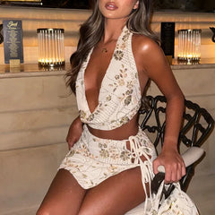 Cyflymder Women Two Piece Skirt Set Sequined Beaded Flower Halterneck Backless Vest with Tie-up Mini Skirt Summer Party Outfit
