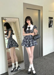 Cyflymder Sweet Hot Girl College Style Slim Fit Fluffy Dress for Women Summer Retro Plaid Fake Two-piece Dress Fashion Female Clothes