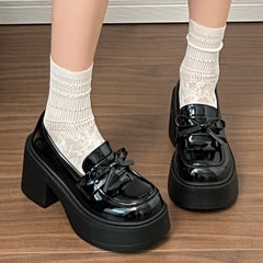 Cyflymder Bowknot Decor Chunky High Heel Pumps Women Goth Patent Leather Platform Loafers Woman Fashion Thick Sole Jk Uniform Shoes