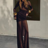 Cyflymder Elegant Mesh Patchwork Long Sleeve Bodycon Party Club Evening Dress Sexy Double Layer Perspective Vestido Autum Clothing