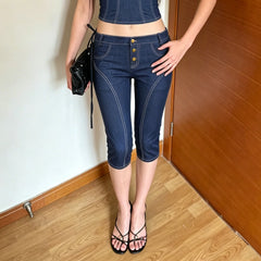 Cyflymder Street Wear Skinny Fake Denim Elastic Low Waist Mid-length Pants Hottie Fashion Pockets Button-Fly Trousers Women's Chic Bottoms