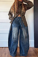 Cyflymder Women Loose Denim Jeans Pants Washed Casual Harajuku High Street Grunge Denim Asymmetric Button Pocket Trouders Jeans for Women