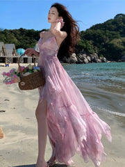 Cyflymder Women Elegant Pink 2025 Spaghetti Strap Fashionable Long Dress Summer Beach Holiday Party Floral Dresses Sweet High Waist Robe