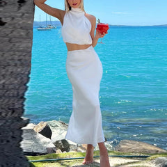 Cyflymder Women's Summer Formal Satin Mock Neck Sleeveless Tank Skirt Two-piece Suit Vacation Crop Top And Long Skirt Matching Sets