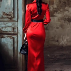 Cyflymder Elegant Silk Satin Dress for Women's Party Club Lantern Sleeve Notched Collar Red Evening Wedding Guest Midi Dresses for Autumn