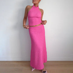 Cyflymder Elegant Women's 2 Piece Outfits Casual Sleeveless Halter Crop Top High Waist Long Skirt Solid Set for Cocktail Party