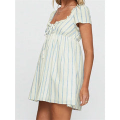Cyflymder【New style】Women Summer Casual Short Dress Short Sleeve Solid Color/Stripe Print Square Neck Empire Waist Mini Dress