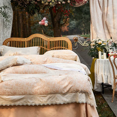 Cyflymder Vintage Jacquard Lace Ruffles 100% Cotton Double Yarn Soft Princess Bedding Set Duvet Cover Bed Sheet Set Pillowcases 4Pcs