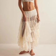 Cyflymder Women Lace Midi Skirts Y2K Sheer Mesh Low Rise Asymmetrical Skirts Sexy See Through Flowy Beach Cover Up Skirt