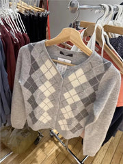 Cyflymder New Diamond Jacquard Button Sweater Coat Women Autumn Slim Cotton O-neck Casual Jumper Tops Sweet Chic Preppy Style Cardigan