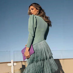 Cyflymder Women Elegant Tassel Splicing Evening Dress Solid Ruched V Neck Long Sleeve French Slim Female Cocktail Party Chic Maxi Dresses