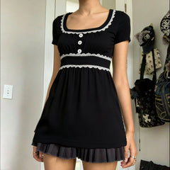 Cyflymder Y2K Aesthetics Square Neck Lace Patchwork Short Sleeve T-shirts Women A-Line Black Cute All Match Summer Top Tees Fashion Clothe