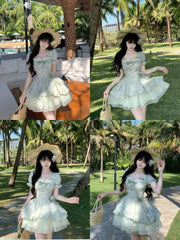 Cyflymder Spring French Sweet Lace Ruffle Mini Dress Women New Kawaii Bubble Sleeves Slim Fairy Dresses Aesthetic Elegant Fashion Outfits