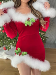 Cyflymder Women's Christmas Santa Costume Solid Color Long Sleeve Plush Trim Mini Hooded Dress Cosplay Suit