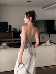 Cyflymder Korean Sexy Office Lady Strapless Y2k Aesthetic All Match Luxury Diamond Appliques Slim Harajuku Punk Tops Backl Bow Design Tee