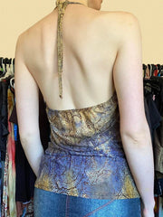 Cyflymder Vintage Printed Backless Halter Top Sexy Slim Deep V-Neck Sleeveless Tank Tops Women Summer Fashion Streetwear Lady