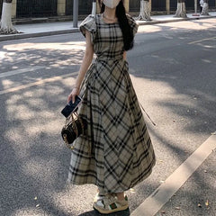 Cyflymder Vintage Plaid Aura Waist Long Dress Summer French Style A-Line Female Clothing Short Sleeve Stylish Cut Out Drawstring Dresses