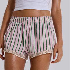 Cyflymder Y2K Boxer Shorts Women Striped Gingham Lounge Pajama Low Elastic Waist Sleep Lace Trim Micro Short Pj Mini Pants