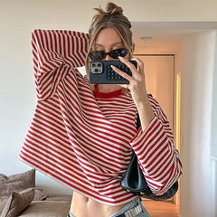 Cyflymder Women Casual Striped Long Sleeve Cotton Tops Autumn O-neck Patchwork Loose T-shirt High Street Female Vintage Tops 2025 New
