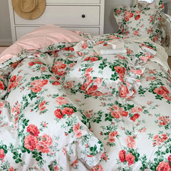 Cyflymder French Vintage Bed Skirt Bedding Set 100% Cotton Rose Print Linen Set Lace Ruffles Duvet Cover Bed Sheet Fitted Sheet Pillowcase