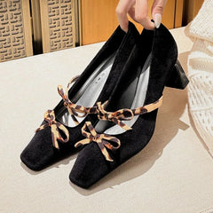 Cyflymder Luxury Velvet Square Toe High Heeled Women Pumps Leopard Bowknot Chunky Heel Mary Jane Shoes Ladies Elegant Wedding Bridal Heels