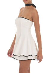 Cyflymder Women Strapless Mini Dress Summer Scalloped Trim A-Line Party Dress and Satin Scarf Set for Cocktail Beach Streetwear