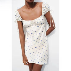 Cyflymder Summer New TRF Women's Floral Print Silk Satin Feel Dress A-Line Skirt Style Casual Loose Waist Polyester Fabric No Sleeve