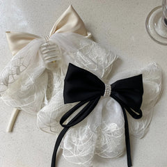 Cyflymder Summer New Elegant Satin Bow Hair Headbands With Lace Mesh Pearl Decor Fashion Sweet Hair Accessories For Women Girls Daily