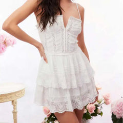 Cyflymder WHITE LACE TRIM SLEEVELESS dress women straps sexy tiered ruffled summer dress new 2025 sexy women party dresses