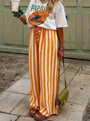 Cyflymder Ladies Pants Oversized Casual Striped Trousers Colorblocked Printed Straight Slacks Versatile Relaxed Elastic Bottoms